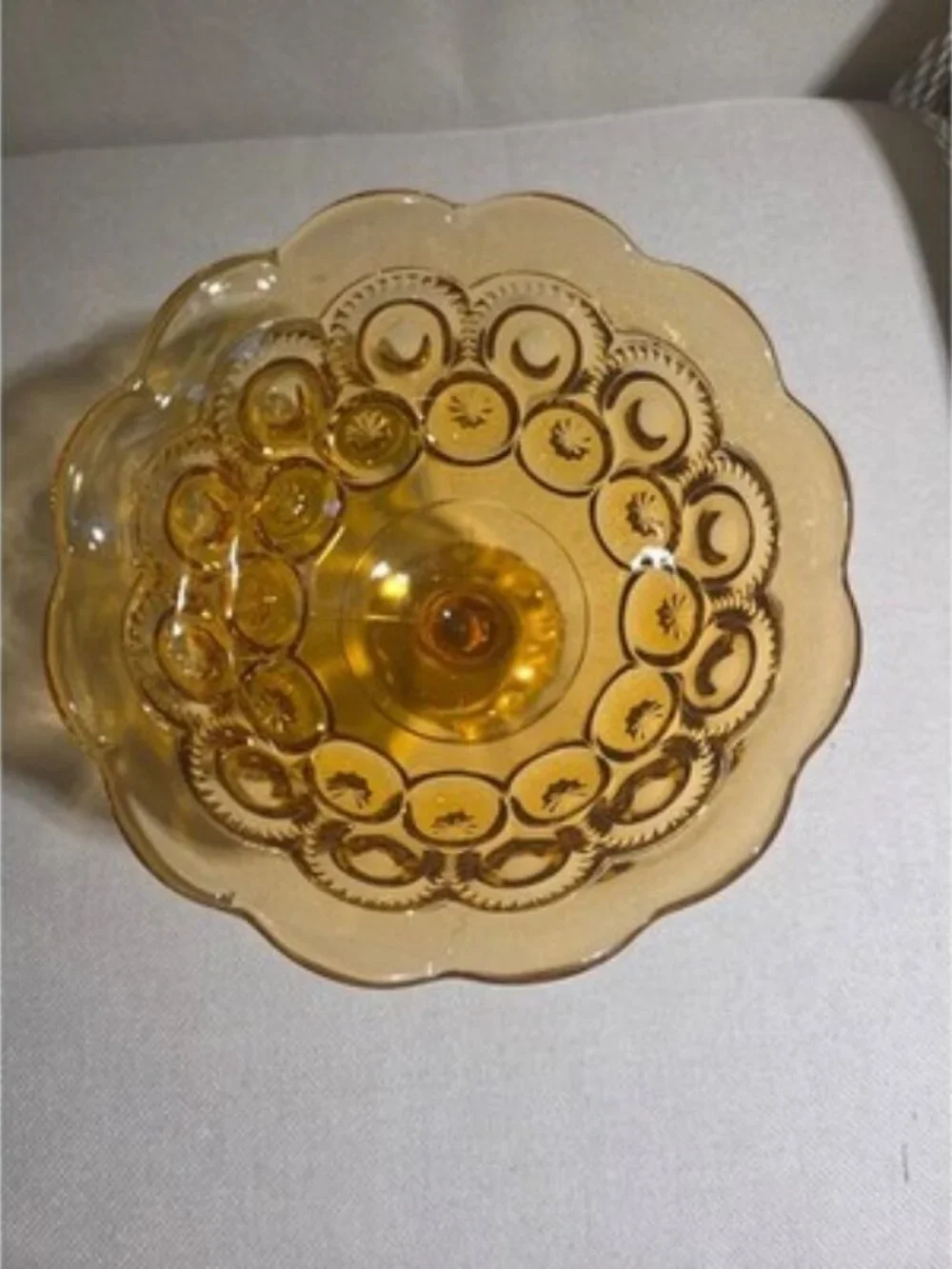 Vintage LE Smith Amber Glass Moon and Stars Flared Pedestal Compote Bowl 7.5